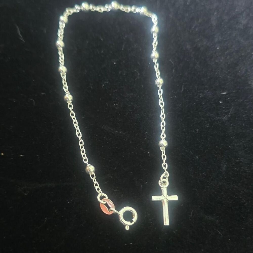 Sterling Silver Rosary Chain Bracelet - 8 Inch With Cross & Beaded Detail